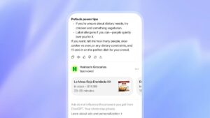 A ChatGPT interface where someone asks for potluck tips and is shown an ad for a food kit.
