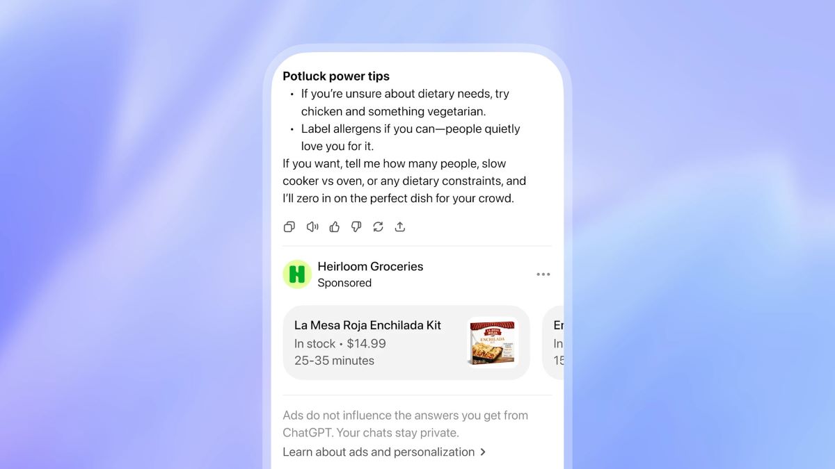 A ChatGPT interface where someone asks for potluck tips and is shown an ad for a food kit.