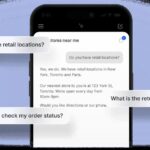 A phone screen showing someone asking an AI chat questions about a retail location and other things