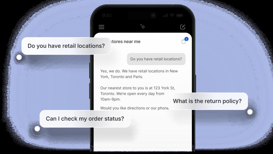 A phone screen showing someone asking an AI chat questions about a retail location and other things