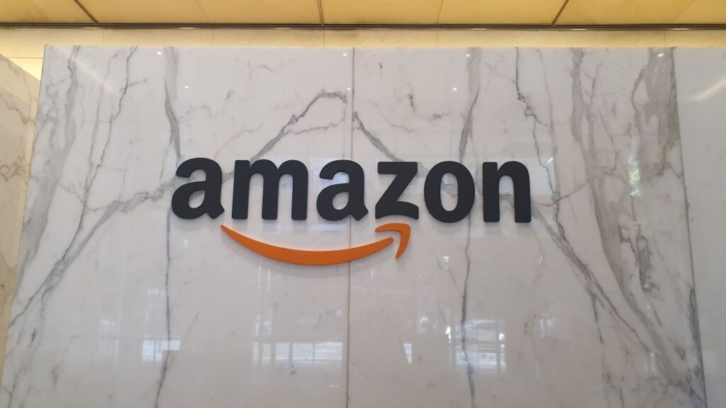 The Amazon logo on a wall.