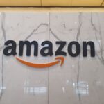 The Amazon logo on a wall.