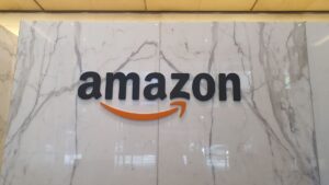 The Amazon logo on a wall.