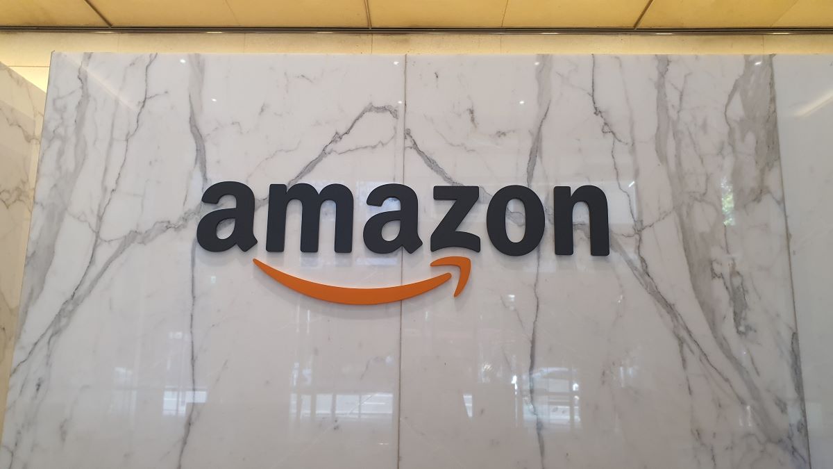The Amazon logo on a wall.