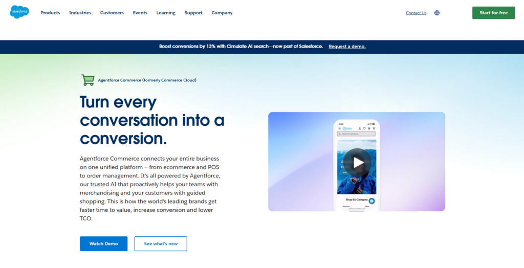 Salesforce Commerce Cloud homepage interface