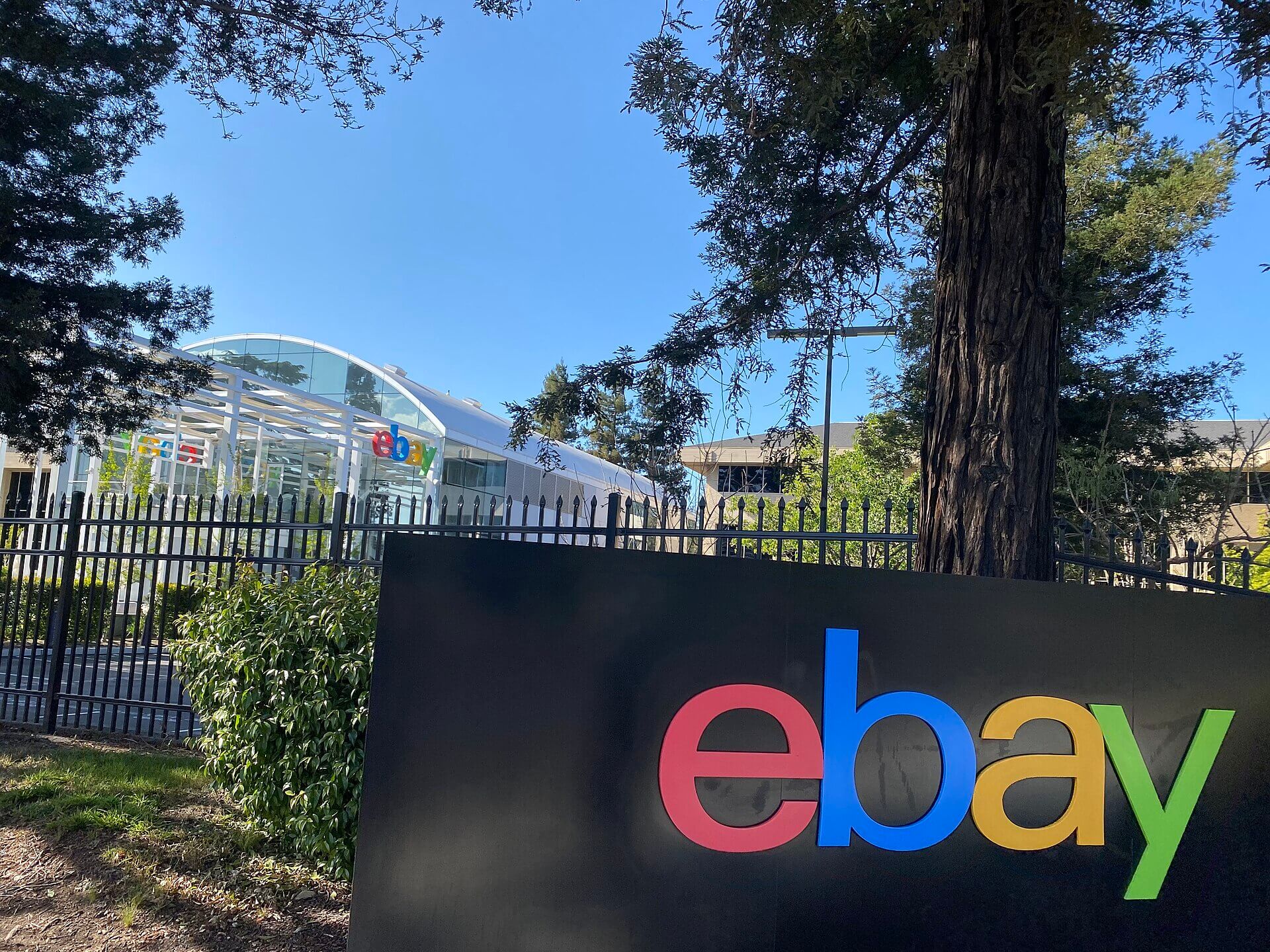 An eBay sign in front of the eBay headquarters.