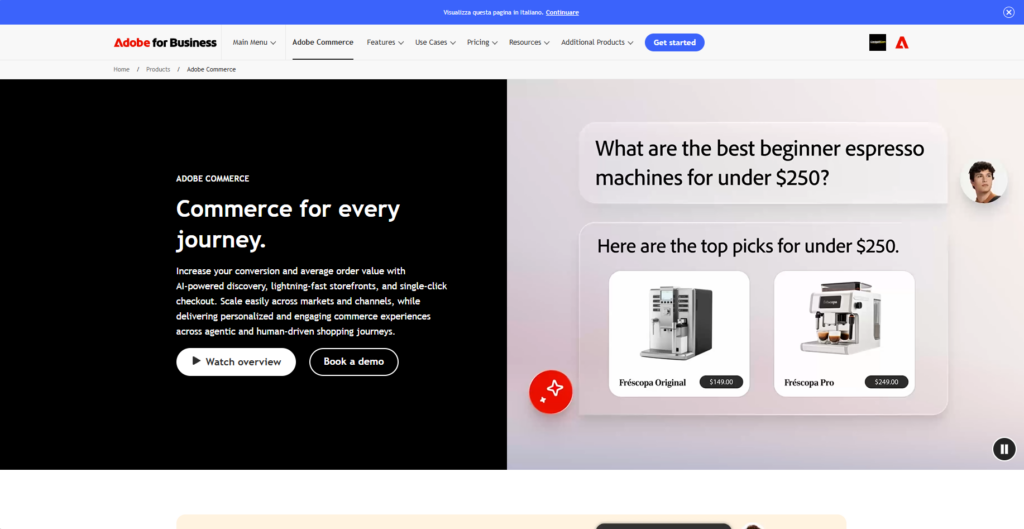 Adobe Commerce homepage interface