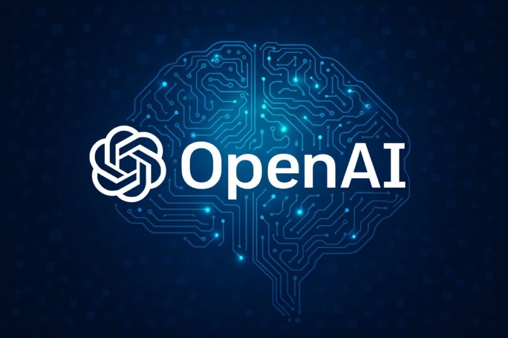 The OpenAI logo in front of an image of a brain made with circuits