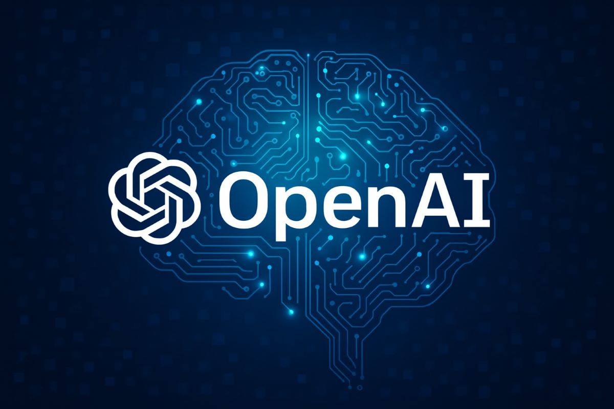 The OpenAI logo in front of an image of a brain made with circuits