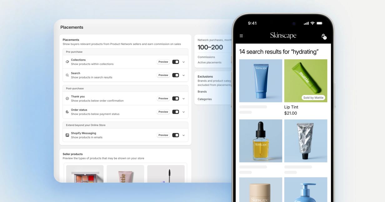 A user interface for Shopify store placements, and a phone searching for products