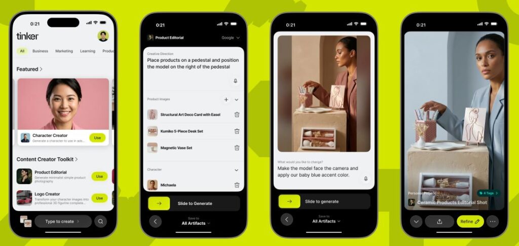 A few screenshots of the Tinker app