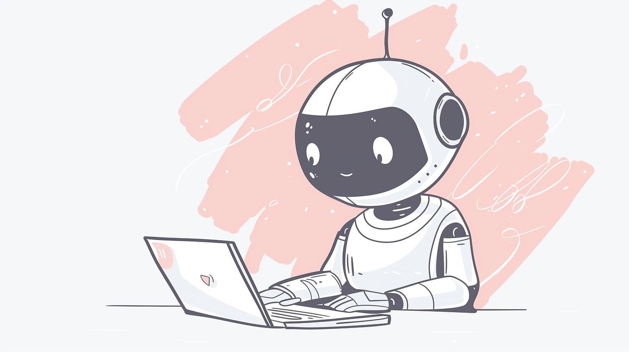 A smiling robot typing on a laptop computer