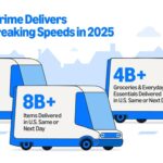 A few delivery vehicles are driving, with facts about Amazon delivery on the sides of the vehicles