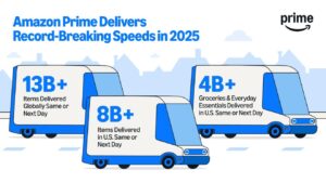 A few delivery vehicles are driving, with facts about Amazon delivery on the sides of the vehicles