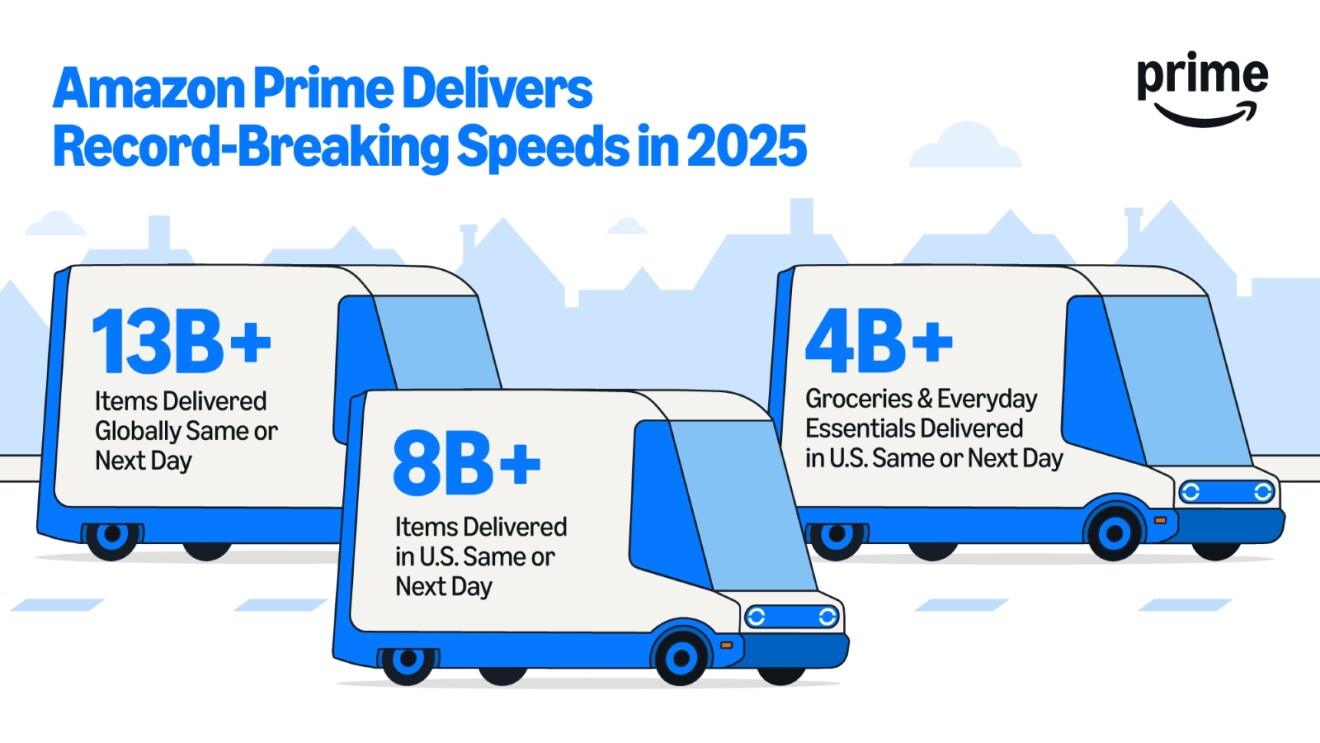A few delivery vehicles are driving, with facts about Amazon delivery on the sides of the vehicles