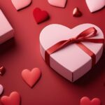 A few Valentine’s Day gifts, roses, and hearts on a red background