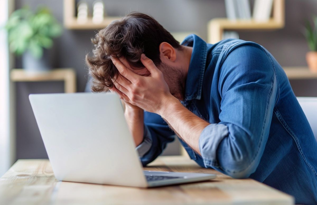 A man sitting at a table with his laptop, and has his head in his hands, looking frustrated