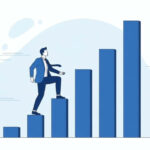 A bar chart with each bar being taller than the last, with a person climbing up the bars like they’re stairs.