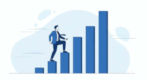 A bar chart with each bar being taller than the last, with a person climbing up the bars like they’re stairs.