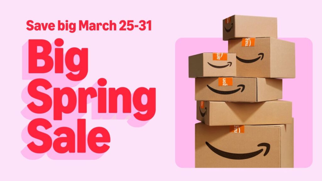 A stack of Amazon cardboard boxes next to large font that says Big Spring Sale, and the dates of the sale above the words.