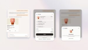 A few screens showing a person discovering a product in an AI search and then purchasing it