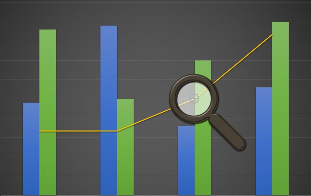 An image of a bar graph with a magnifying glass looking at part of it.