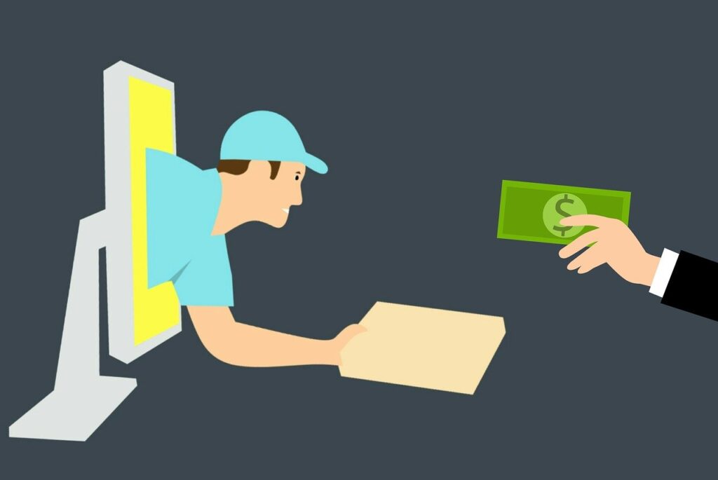A delivery person coming out of a laptop screen, handing a package to someone, and that person handing back money