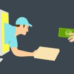A delivery person coming out of a laptop screen, handing a package to someone, and that person handing back money