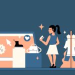 An illustration of a person holding a credit or debit card, shopping on a large tablet, with a clothing rack behind them.