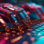 Robotic hands typing on a computer