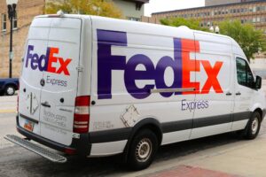 An image of a FedEx delivery van.