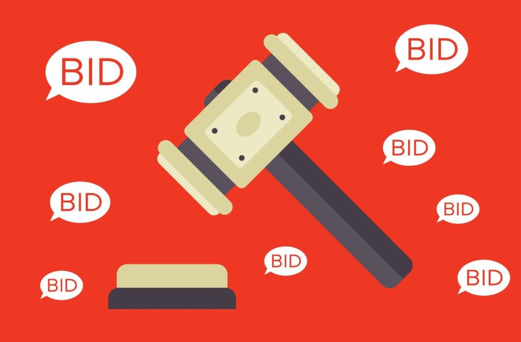 An image of a gavel about to hit a sound block, surrounded by several speech bubbles with the word "bid" inside them.