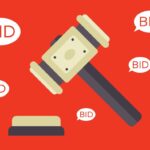 An image of a gavel about to hit a sound block, surrounded by several speech bubbles with the word "bid" inside them.