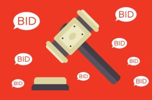 An image of a gavel about to hit a sound block, surrounded by several speech bubbles with the word "bid" inside them.