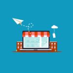 A tablet with a store awning above it, with a price tag hanging from a cloud and a paper airplane flying away from it.