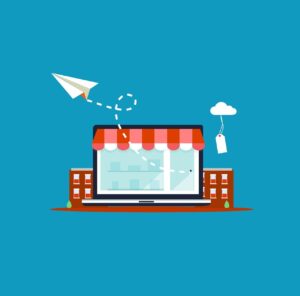 A tablet with a store awning above it, with a price tag hanging from a cloud and a paper airplane flying away from it.