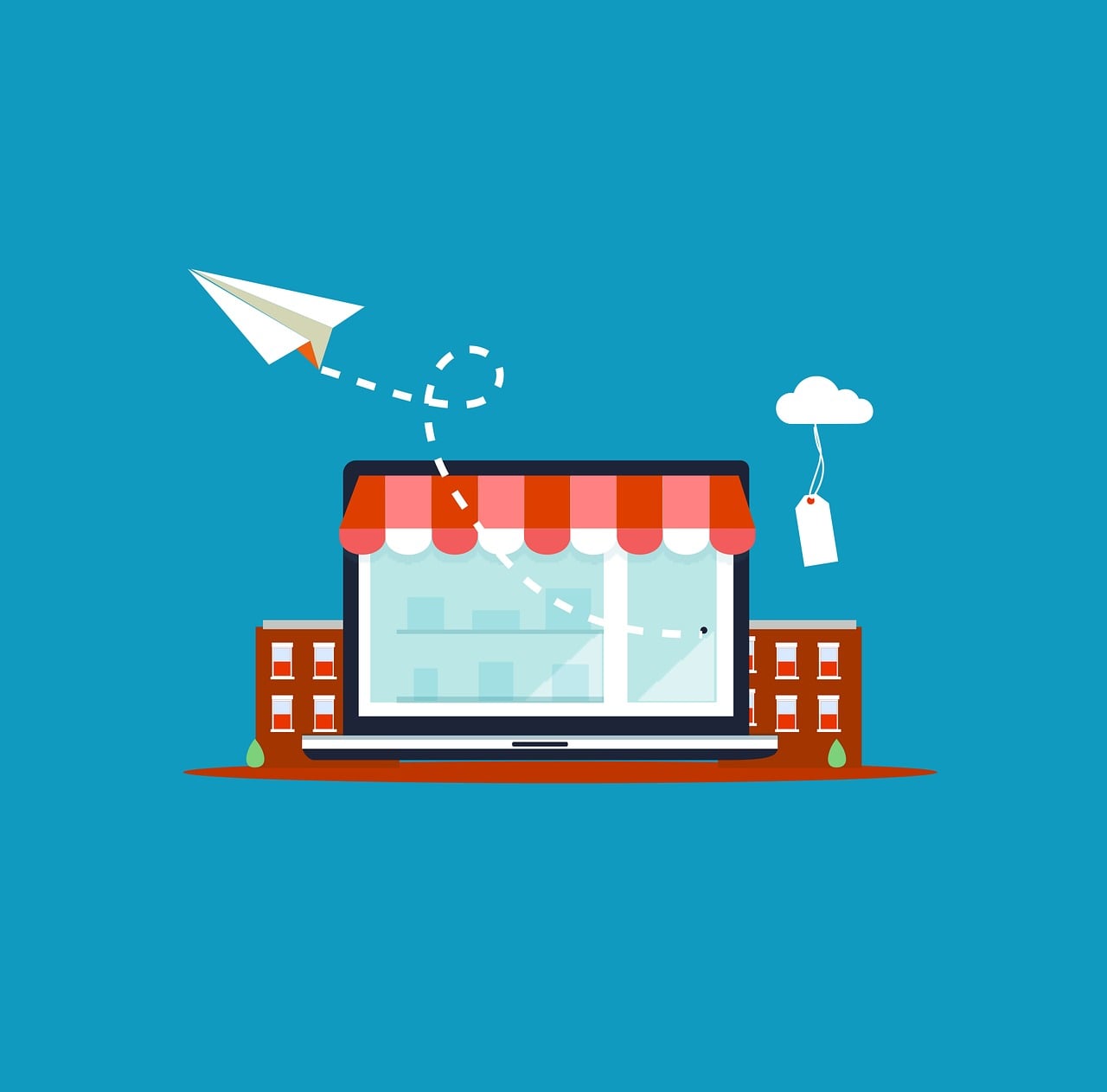 A tablet with a store awning above it, with a price tag hanging from a cloud and a paper airplane flying away from it.