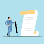 A person holding a large pen standing next to a large paper document.