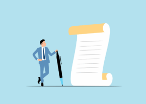 A person holding a large pen standing next to a large paper document.