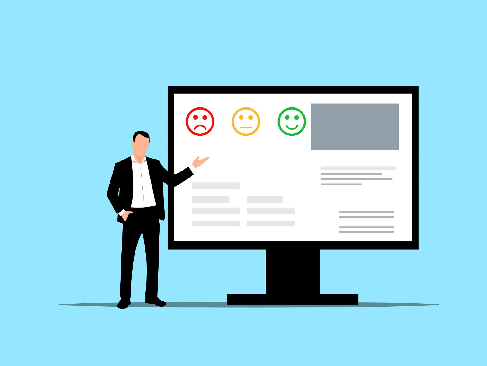 An image of a man standing next to a computer screen and gesturing towards it, with the screen having a sad, neutral, and happy face on it.