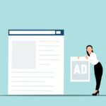 A person holding a square box with the word ad in it, next to a webpage