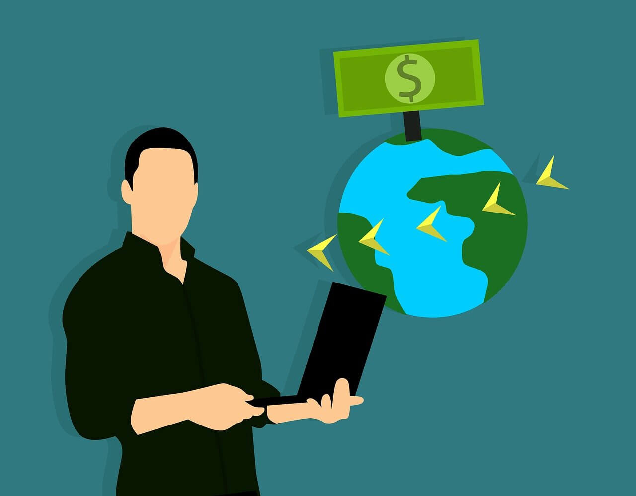 A person standing holding a laptop, next to the earth, which has a dollar bill above it and some arrows circling the planet.