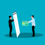 A thief hiding behind and holding up a webpage, with a person standing in front of it extending a credit or debit card toward the webpage.