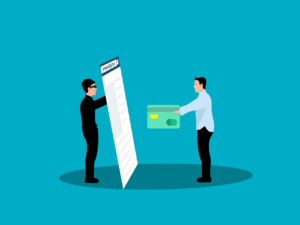 A thief hiding behind and holding up a webpage, with a person standing in front of it extending a credit or debit card toward the webpage.