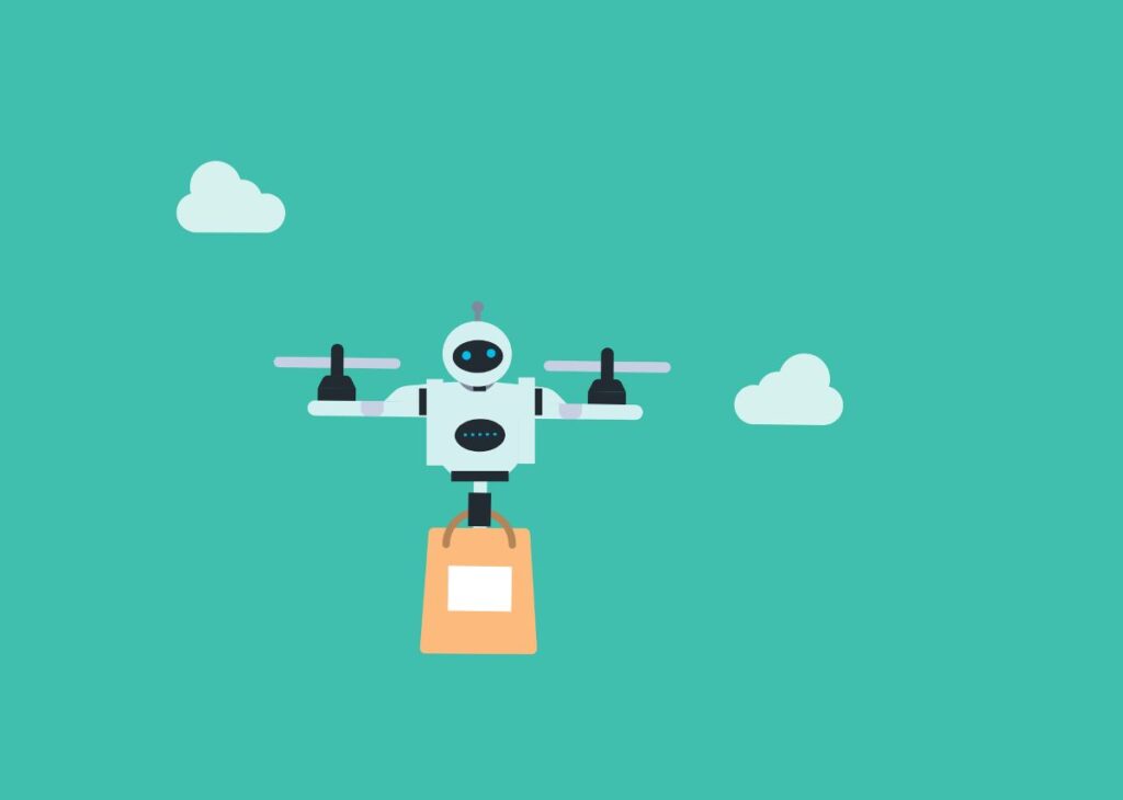 A robot delivery drone flying through the sky while carrying a package
