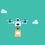 A robot delivery drone flying through the sky while carrying a package