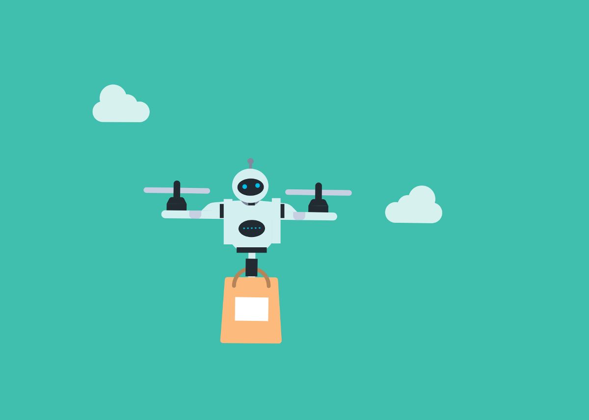 A robot delivery drone flying through the sky while carrying a package