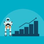 A robot holding money next to a bar graph where each bar is growing compared to the last
