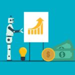 A robot standing next to a bar graph that’s showing growth, with a light bulb, coins, and cash near the bottom of the image.