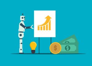 A robot standing next to a bar graph that’s showing growth, with a light bulb, coins, and cash near the bottom of the image.